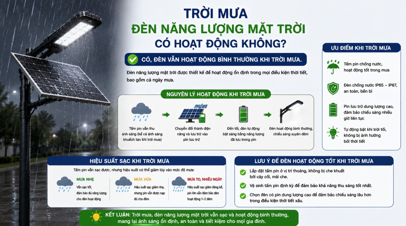 Trời mưa đèn năng lượng mặt trời có hoạt động không?