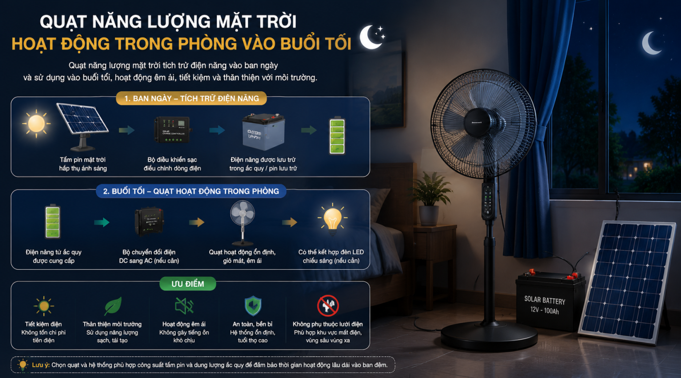 Quạt năng lượng mặt trời dùng ban đêm được không